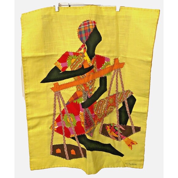 LA FOUGERE Signed HAITIAN Patchwork Applique Folk Art Flag Tapestry Fabric Decor - Picture 1 of 8